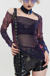 T-shirt asymétrique pour femme à manches longues en maille à col zippé avec bretelles réglables multicolores punk
